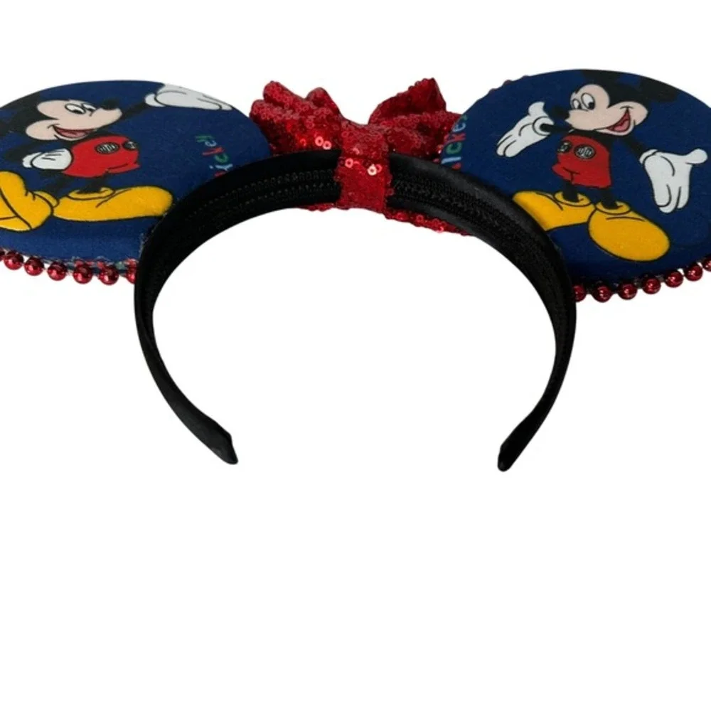 Mickey Mouse Ears Headband Red Sequin Bow Blue Character Print Disney Accessory
